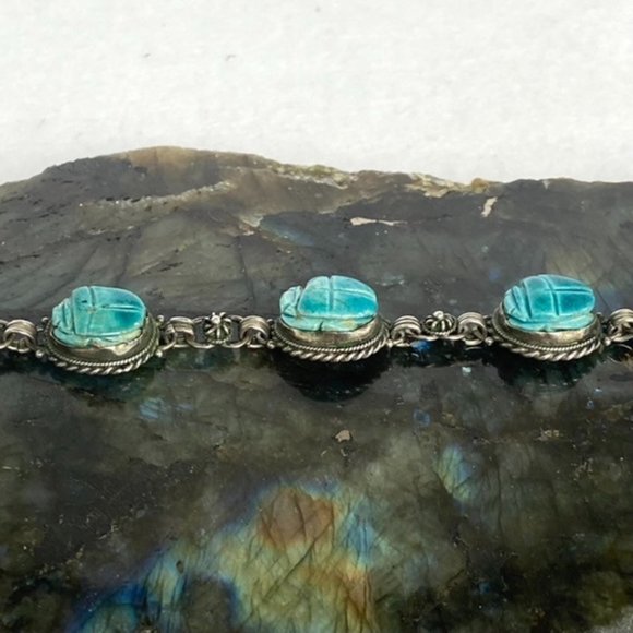 VTG Sterling Silver 925 Faience Glazed Ceramic Blue Scarab Link Bracelet 7" - Picture 15 of 16